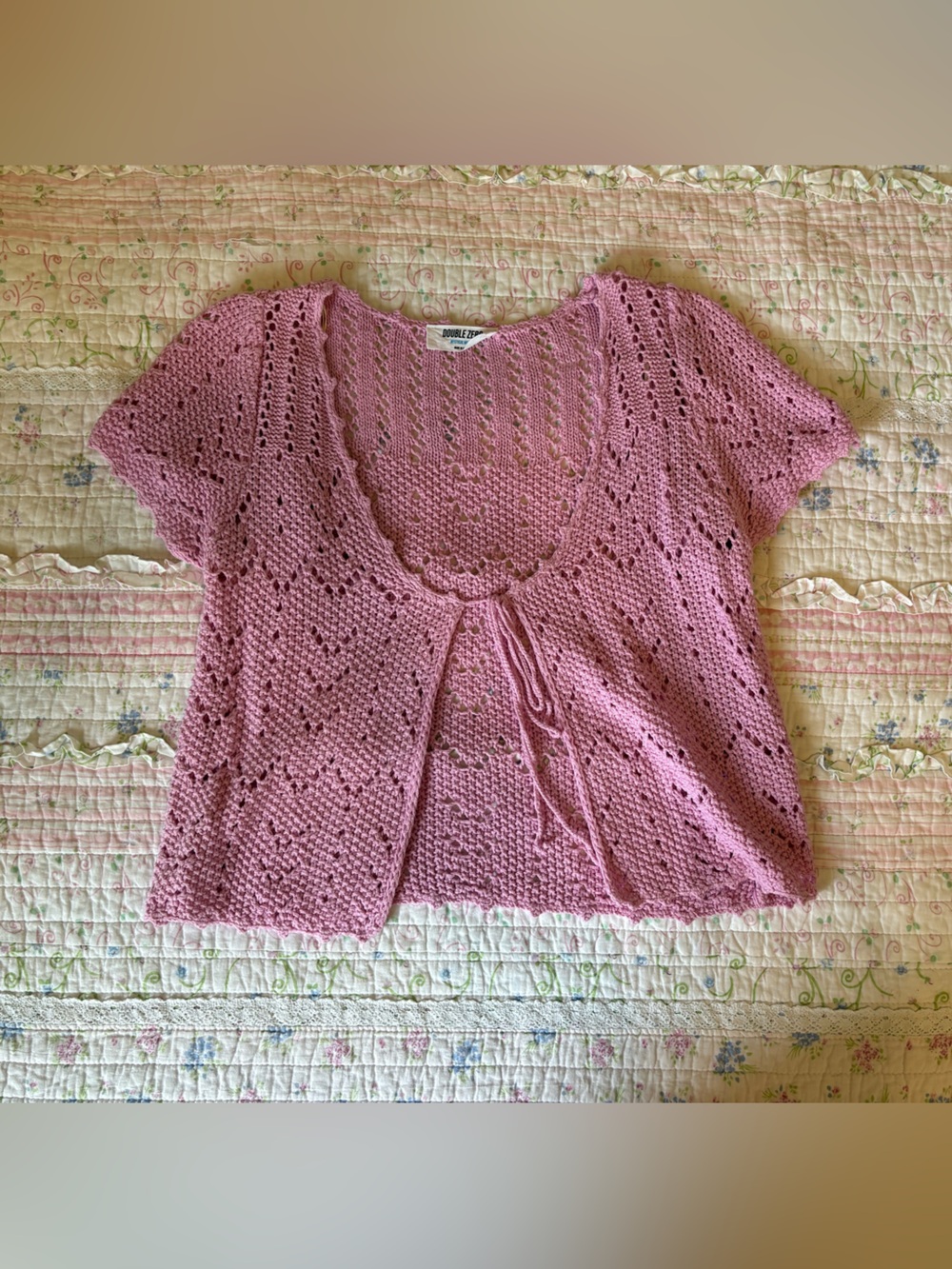 Soft Pink Crochet Short-Sleeve Top